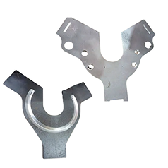 Two metallic brackets with a Y-shape design, featuring circular cutouts and symmetrical grooves. The image background is plain white.